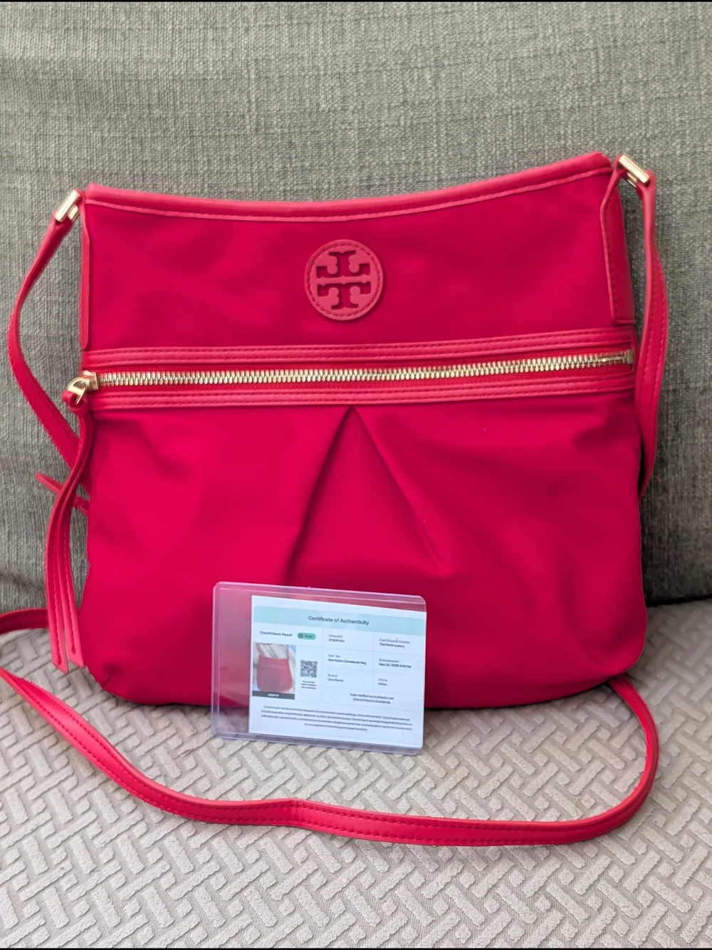 Tory Burch Ella Red Crossbody Bag - Nylon Zip Front Shoulder Purse EUC